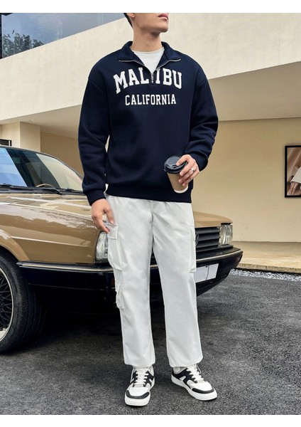 Unisex Malibu California Baskılı Yarım Fermuarlı Dik Yaka Oversize Sweatshirt indirimleri