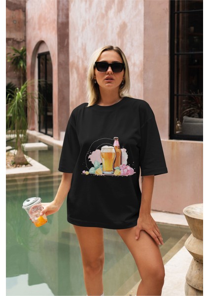 Içecek Baskılı Oversize T-Shirt