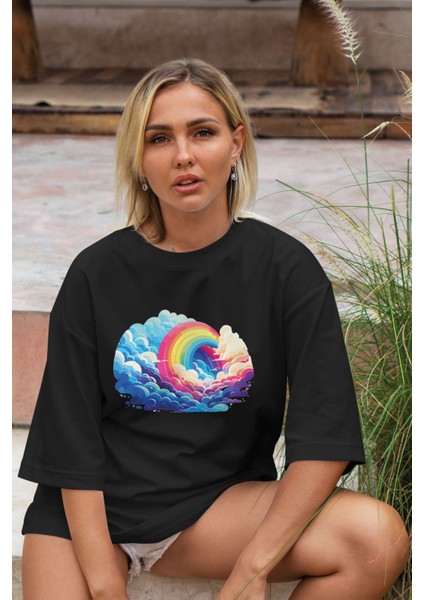 Gökkuşağı Baskılı Oversize T-Shirt