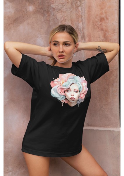 Kadın Yüz Baskılı Oversize T-Shirt