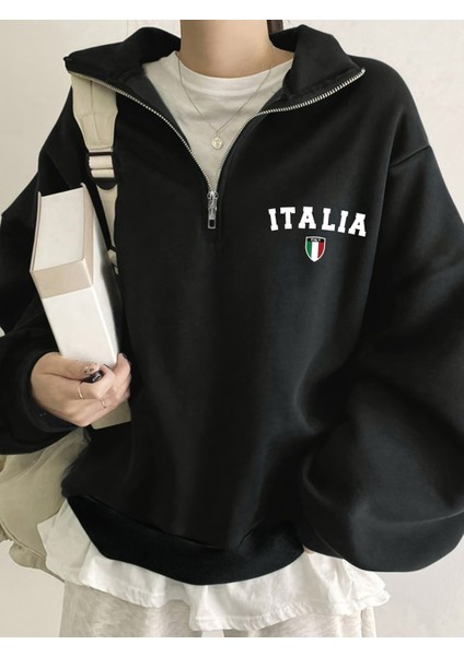 Kadın Italia Baskılı Yarım Fermuarlı Dik Yaka Sweat