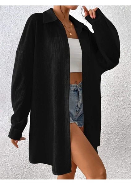 Kadın Oversize Bürümcük Keten Karışımı Gömlek