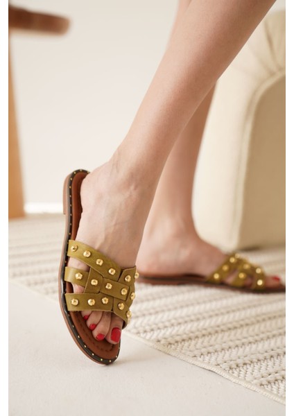 Loose Haki Yeşili Hakiki Deri Terlik