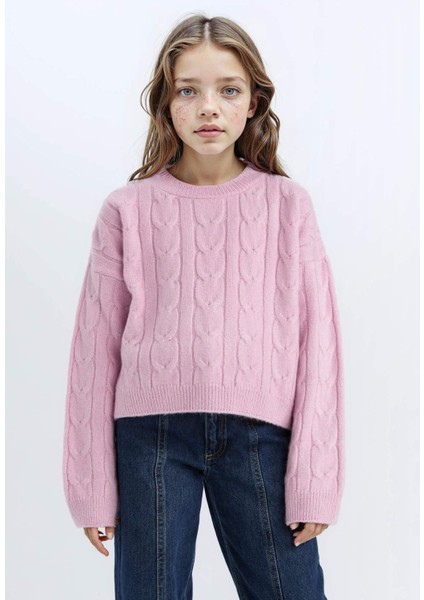 Kız Çocuk Crop Bisiklet Yaka Saç Örgülü Triko Kazak