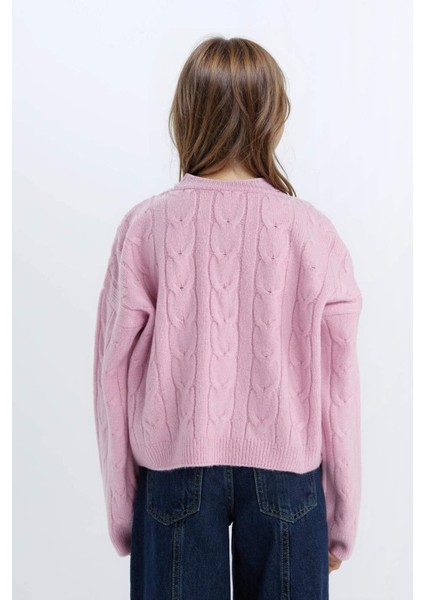 Kız Çocuk Crop Bisiklet Yaka Saç Örgülü Triko Kazak