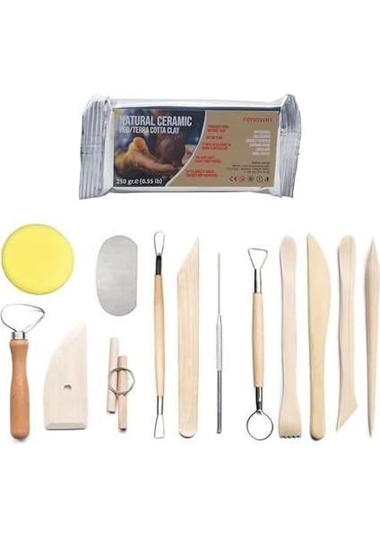 Renovon 13 Parçalı Ahşap Seramik Oyma Aleti Seti Doğal ve Polimer Kil Çömlekçilik Heykel Çocuk Yetişkin ve Sanatçılar Için El Sanatları Aksesuar ve Modelleme Yapımı, 250 gr Natural Kırmızı Kil ile fiyatları