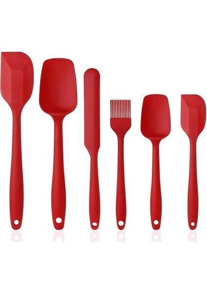Silikon Mutfak Yardımcısı, 6 Adet Silikon Spatula, Çorba Kaşığı, Fırın Fırçası, Spatula, Dayanıklı ve Yapışmaz, Paslanmaz Çelik ve Dikişsiz Tek Parça Tasarım Siyah-Gri-Kırmızı (Kırmızı)