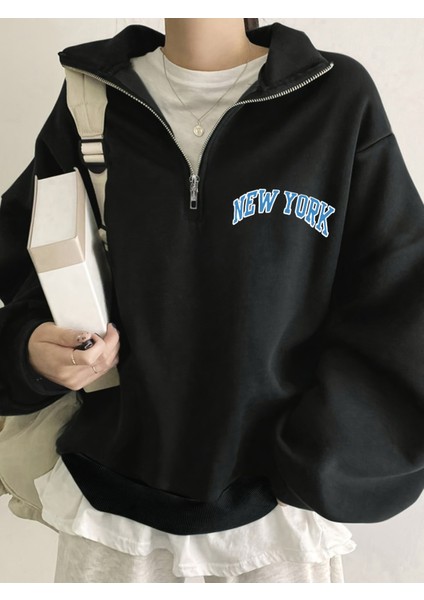 Kadın New York Baskılı Yarım Fermuarlı Dik Yaka Sweat