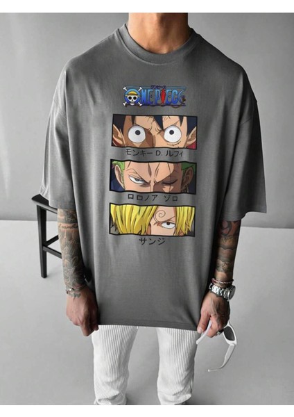 Kadın/erkek One Piece Baskılı Oversize Pamuklu Bisiklet Yaka T-Shirt Tişört