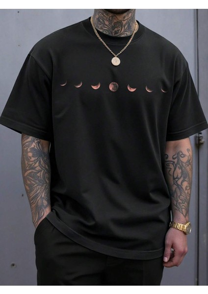 Ayın Evreleri Baskılı Erkek Oversize T-Shirt
