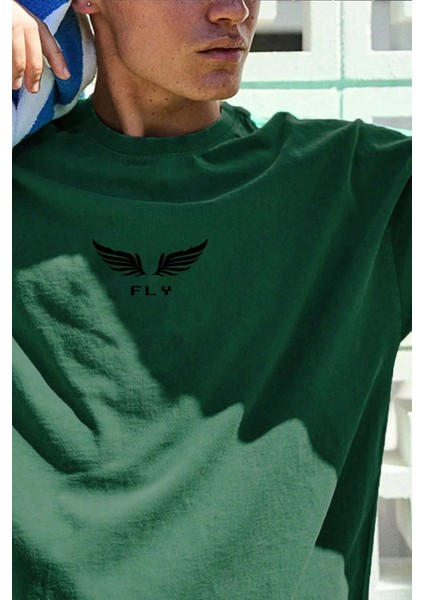 Erkek Oversize Baskılı Nefti Tişört – Fly Kanat Ön ve Sırt Baskılı, Günlük & Sokak Stili modelleri