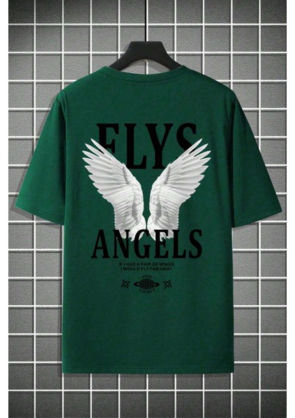 Erkek Oversize Baskılı Nefti Tişört – Fly Kanat Ön ve Sırt Baskılı, Günlük & Sokak Stili fırsatları