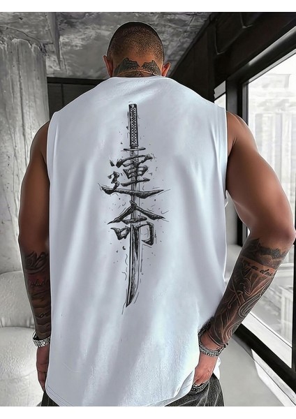 Erkek Kolsuz Oversize Katana Baskılı T-Shirt Rahat ve Şık Tasarım