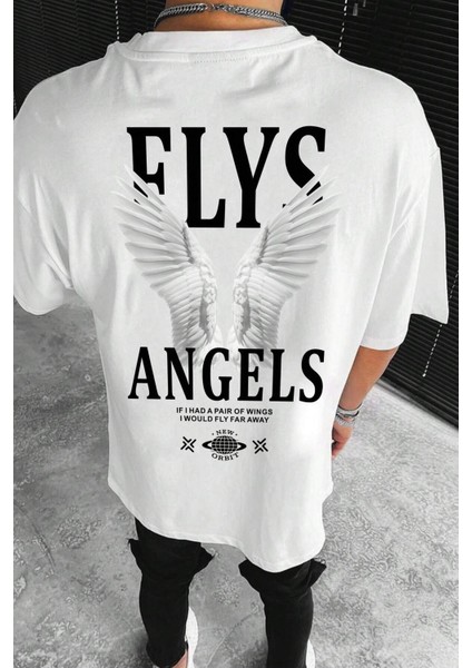 Erkek Oversize Baskılı Beyaz Tişört – Fly Kanat Ön ve Sırt Baskılı, Günlük & Sokak Stili