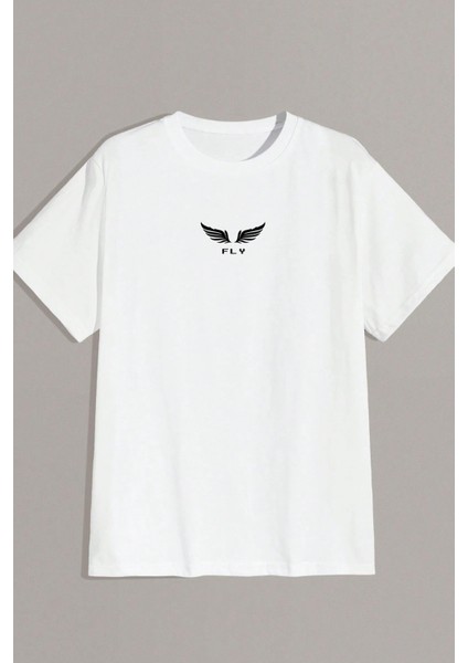 Erkek Oversize Baskılı Beyaz Tişört – Fly Kanat Ön ve Sırt Baskılı, Günlük & Sokak Stili fiyatları