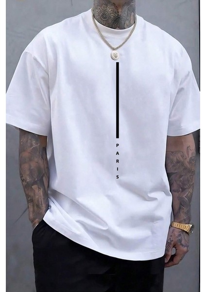 Dikey Paris Baskılı Erkek Oversize T-Shirt