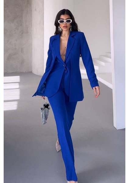 Kadın Ikili Alt Üst Takım Şık Çift Katlı Düğmeli Blazer Ceket Bol Paça Pantolon Takım