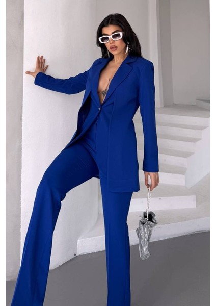 Kadın Ikili Alt Üst Takım Şık Çift Katlı Düğmeli Blazer Ceket Bol Paça Pantolon Takım fiyatları