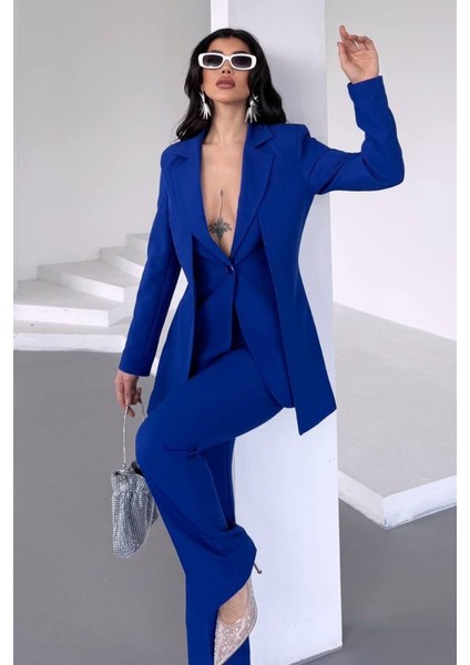 Kadın Ikili Alt Üst Takım Şık Çift Katlı Düğmeli Blazer Ceket Bol Paça Pantolon Takım modelleri