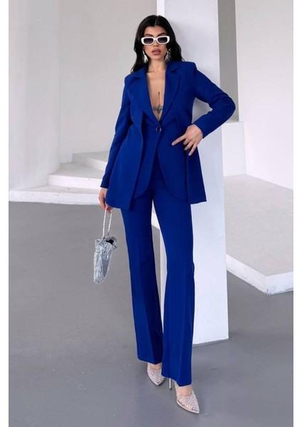 Kadın Ikili Alt Üst Takım Şık Çift Katlı Düğmeli Blazer Ceket Bol Paça Pantolon Takım fırsatları