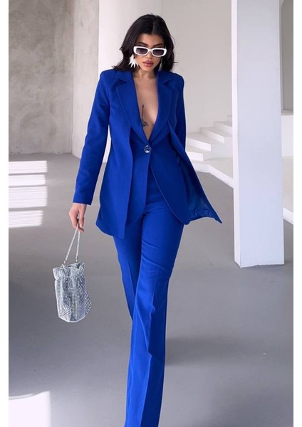 Kadın Ikili Alt Üst Takım Şık Çift Katlı Düğmeli Blazer Ceket Bol Paça Pantolon Takım indirimleri