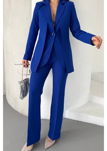 Kadın Ikili Alt Üst Takım Şık Çift Katlı Düğmeli Blazer Ceket Bol Paça Pantolon Takım