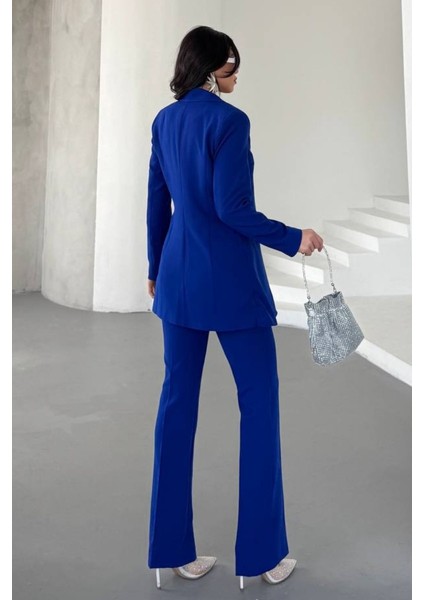 Kadın Ikili Alt Üst Takım Şık Çift Katlı Düğmeli Blazer Ceket Bol Paça Pantolon Takım