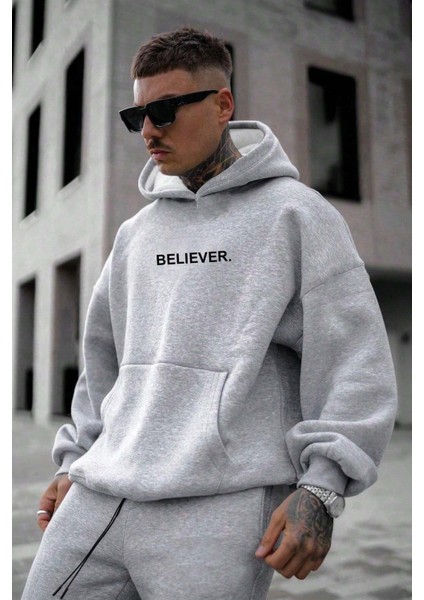 Believer Baskılı Oversize Kapüşonlu Sweatshirt modelleri