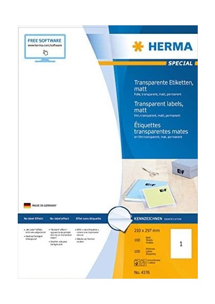 Herma 4375 Hava Şartlarına Dayanıklı Folyo Etiketleri Dın A4 Şeffaf 210 x 297 Mm, 25 Yaprak, Polyester Folyo, Mat Kendinden Yapışkanlı, Yazdırılabilir, Kalıcı Yapışan Yapışkan Folyo, 25 Yapışkan