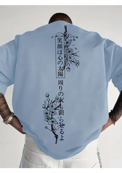 Erkek Oversize Japon Kiraz Ağacı Baskılı T-Shirt Rahat ve Şık Tasarım