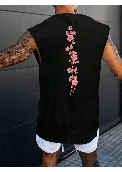 Erkek Kolsuz Oversize Çicek Baskılı T-Shirt Rahat ve Şık Tasarım