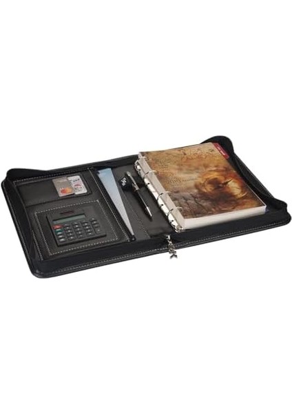 2k 2026 Ajanda Deri Fermuarlı 4 Halka Mekanizmalı Hesap Makineli Organizer, Siyah, 21X27 cm