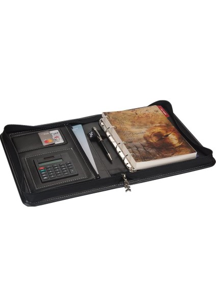 2k 2026 Ajanda Deri Fermuarlı 4 Halka Mekanizmalı Hesap Makineli Organizer, Siyah, 21X27 cm modelleri