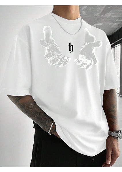 El Baskılı Erkek Oversize T-Shirt