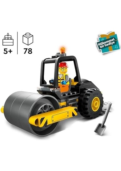 City Yol Silindiri 60401 - 5 Yaş ve Üzeri Kız ve Erkek Çocuklar Için Doğum Günü Hediyesi Fikri, Kürekli ve Baretli Inşaat Işçisi Minifigürü Içeren Yaratıcı Oyuncak Yapım Seti (78 Parça)