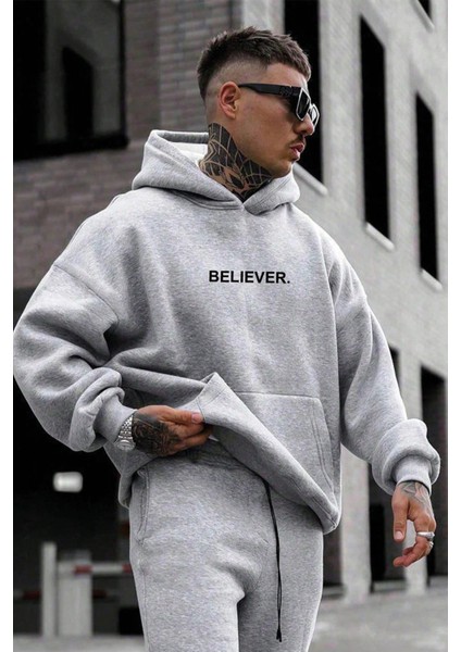 Believer Baskılı Oversize Kapüşonlu Sweatshirt