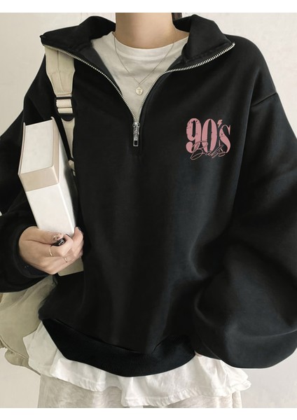 Kadın 90' Babes Baskılı Yarım Fermuarlı Dik Yaka Sweat