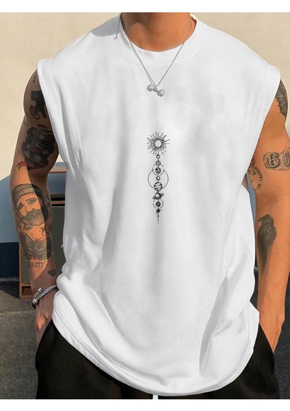 Erkek Kolsuz Oversize Güneş Sistemi Baskılı T-Shirt Rahat ve Şık Tasarım