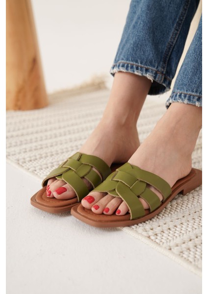 Marlen Haki Yeşili Hakiki Deri Terlik