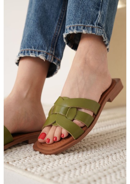 Marlen Haki Yeşili Hakiki Deri Terlik fiyatları