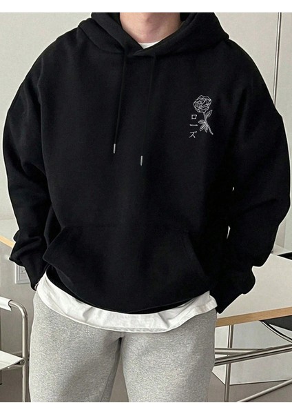 Erkek Gül Baskılı Oversize Kapüşonlu Sweatshirt