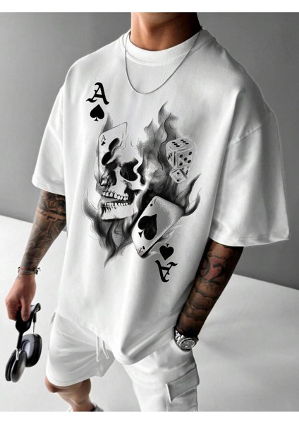 Kart Sırt Baskı Detaylı Erkek Oversize T-Shirt