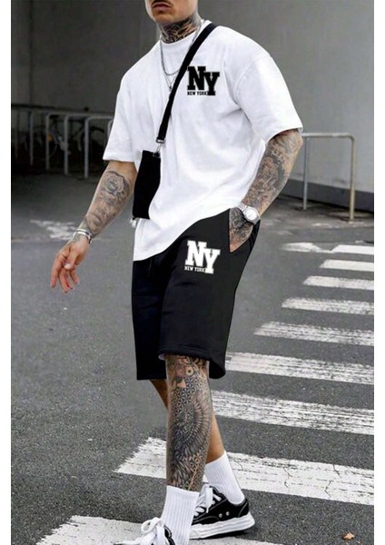 Erkek Beyaz-Siyah Bermuda Siyah Şort Oversize Beyaz T-Shirt Takım New York Baskılı