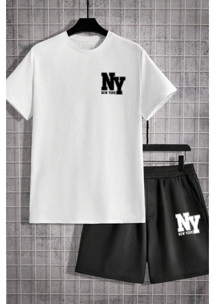 Erkek Beyaz-Siyah Bermuda Siyah Şort Oversize Beyaz T-Shirt Takım New York Baskılı fiyatları
