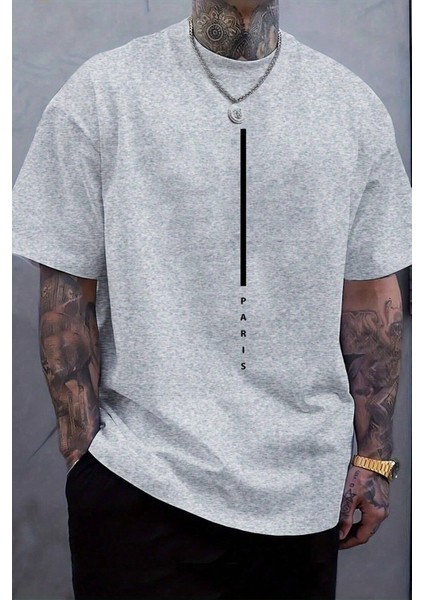 Dikey Paris Baskılı Erkek Oversize T-Shirt
