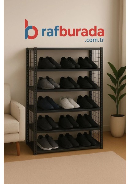 6 Katlı Renkli Tel Kafesli Çelik Ayakkabılık Rafı - SIYAH-31X75X150 cm