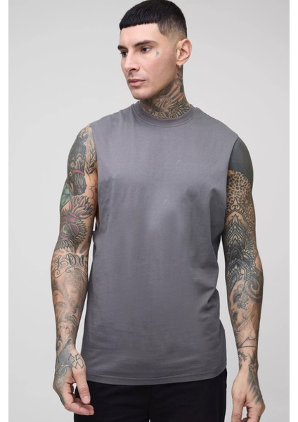 Oversize Unisex Füme Düz Kolsuz T-Shirt