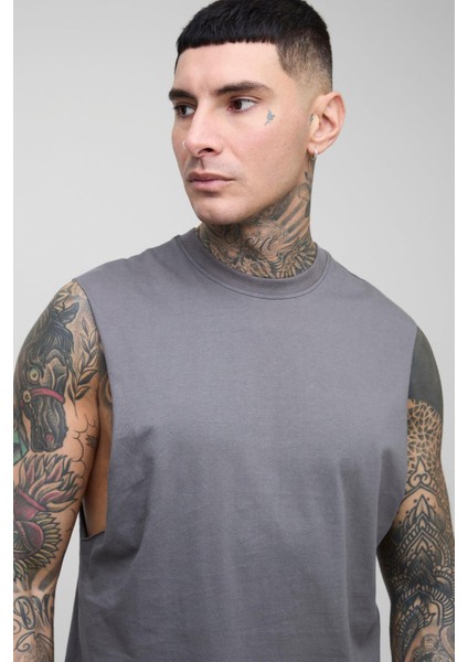 Oversize Unisex Füme Düz Kolsuz T-Shirt modelleri