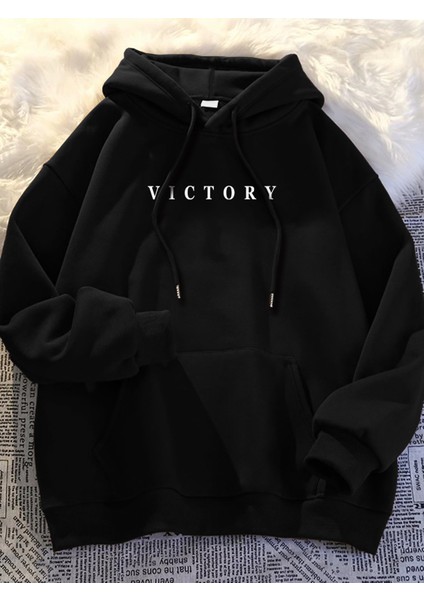 Unisex Victory Baskı Detaylı Oversize Kapüşonlu Sweatshirt Rahat ve Şık Tasarım