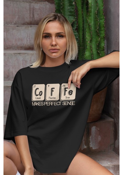 Kahve Formülü Baskılı Kadın Oversize T-Shirt